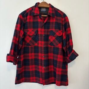 Vintage Pendleton board shirt red blue plaid large pure virgin wool button front